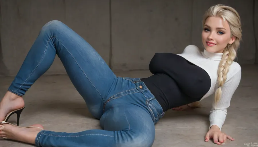 Elsa from Frozen, in a, (sexy tight jeans outfit:2), gigantic erect hard nipples, very huge tits, long blond hair in a Braid, deep visible cameltoe, seductive smile on her face