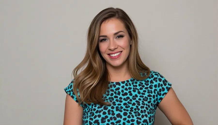 The photo shows a woman with a pleasant smile. The leopard print dress in turquoise tones looks interesting, but it slightly overloads the image. The print is quite active, and it might be worth choosing more concise accessories or plain shoes. Hair color goes well with skin tone, but you can experiment with styling by adding volume. The makeup is done neatly, the lipstick highlights the lips well.