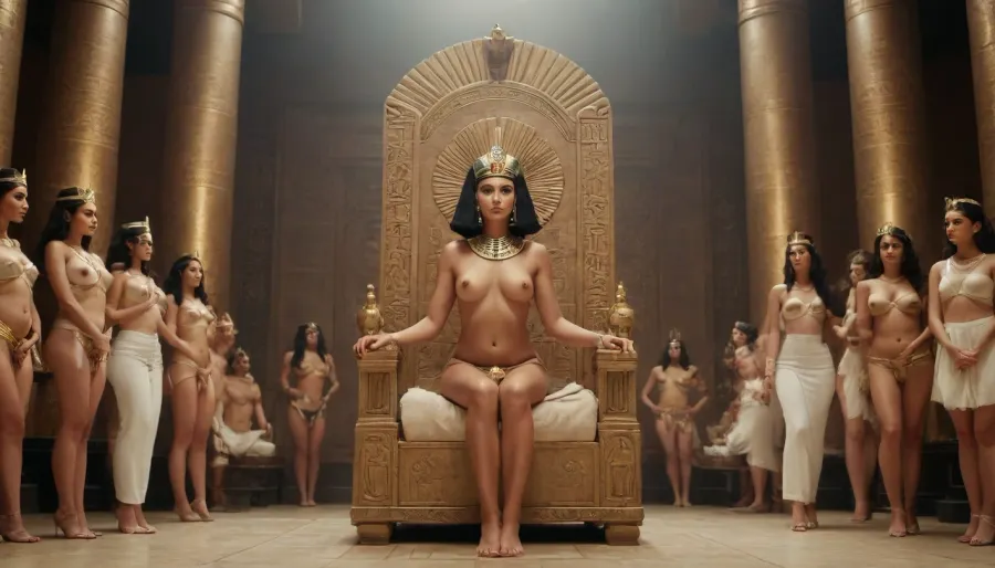 Ancient Egypt, palace, Queen Cleopatra with bare breasts sits on the throne, ((naked tanned maids stand to the right and left with fans in their hands)), 3/4 view