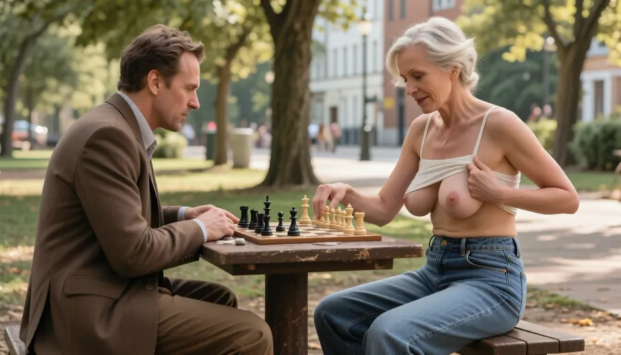 A photorealistic, cinematic scene set in a summer urban park, inspired by sophisticated urban comedy and independent auteur cinema, with a subtle Woody Allen-esque flavor, light irony, awkward human behavior, and understated psychological humor. It is a warm, sunny day with soft, diffused sunlight filtering through the tree leaves, the setting features a tranquil, leafy park path against a slightly lively—yet muted and unobtrusive—urban backdrop. The image features a shallow depth of field, a 35mm film aesthetic, natural color grading, subtle film grain, cinematic framing, and the feel of a candid, unforced moment.
Two people are seated at a low, old wooden chess table. They are playing strip chess. The old woman has lost a round and, with a swift motion, has lifted her crop top, exposing her sagging breasts.
A modern old woman—aged 70 to 72—sits on a park bench. Possessing natural beauty and wearing minimal makeup, she sports a relaxed, casual urban style, a light, short crop top with thin spaghetti straps, and loose, wide-leg jeans. Her jeans sit very low on her hips and are unfastened—both the button and the fly are undone. She appears calm and slightly amused, wearing a faint, ironic smile—as if she views the chess match more as an intellectual pastime than as a competition. She carries herself with confidence and possesses a relaxed demeanor. The woman displays her large, beautiful breasts—with aroused nipples—and smiles coquettishly at the intellectual seated across from her.
Seated opposite her is a man in his late 70s or early 80s—slender, with an intellectual appearance, and looking slightly nervous and pensive. He is shy, socially awkward, and appears overly serious throughout the game. He wears a worn brown suit—slightly too large for him and sans tie—along with an old, faded hat and thin-rimmed round glasses. His attire underscores his modesty, his advanced age, and a subtle sense of social awkwardness. The intellectual gazes with a mixture of astonishment and delight at the young woman's breasts, his eyes bulging and his stare riveted to her magnificent, swaying bosom. One of his hands reaches out toward her breasts, attempting to touch a nipple.
On the table lies a classic chess set mid-game, the pieces are arranged in a manner suggesting a long, deeply contemplative match. The atmosphere blends intellectual tension with subtle comedic undertones, juxtaposing her effortless irony against his overly earnest contemplation.
A cinematic still from an independent film, subtle humor, natural lighting, a handheld camera aesthetic, ultra-realistic and highly detailed textures, a 35mm lens, shallow depth of field, the quiet ambiance of a summer park, editorial photography style.