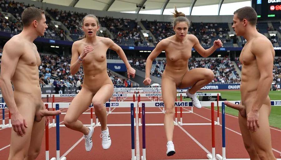(full body view), (ultrarealistic photography), naked women athletics championship in a crowded stadium, girls wearing only sneakers, all girls with totally shaved clear pussies, hurdles sprint competition, (Two naked men with erect penises stand facing each other directly behind the hurdles), girls during the sprint, jump over hurdles, frontal view