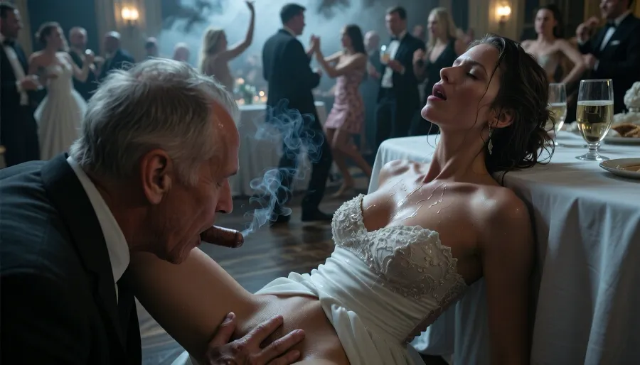 (close and intimate view from above:1.6), (Realistic and highly detailed depiction of heterosexual sex:1.4), (The overall impression of the image is rather mystic dark and underexposed:1.3), The old man secretly fucks the drunk bridesmaid 24 years old, (detailed wet and opened labia:1.5), at the wedding, everyone is dancing, and no one sees it, wears an elegant white dress, looking up, sweaty, disheveled hair, (man looks down to her:1.4), she hides under the table, several drunk party guests dancing in the blurred background, ballroom, shot from above, haze of cigar smoke in the air, filled with dust and smoke, cinematic moody lighting, tense but charismatic atmosphere, crowd, of, people, cloudy, smoke, atmospheric, clouds, fog