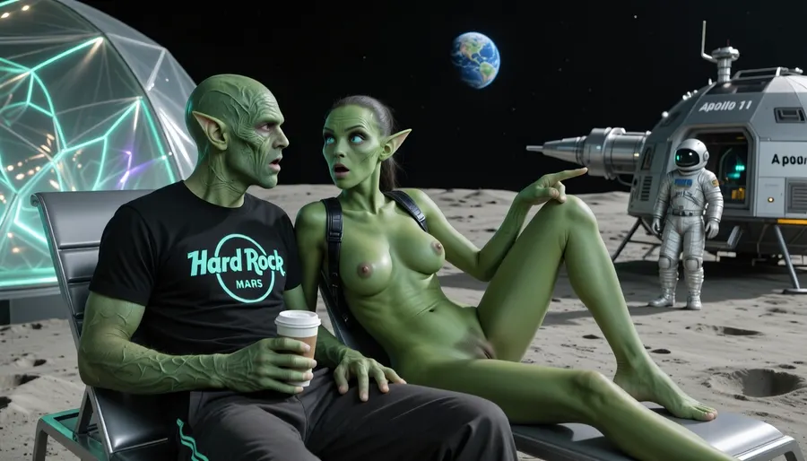 A hyper-realistic, cinematic scene on the Moon’s surface shows a serene alien couple on a futuristic vacation, both identical in appearance, with rich green skin, intricate facial wrinkles, and large, expressive turquoise eyes, their ears pointed and elongated, their entire skin is rich green, both wearing matching casual futuristic outfits, the male wears a black t-shirt with a glowing “Hard Rock Café Mars” logo, he holds a cup of coffee, green skinned, he looks shocked, and the hot naughty green skinned nude female, (she has three detailed tits), opened legs, they sit in sleek, metallic sun loungers, with a shimmering, translucent alien tent next to them, glowing softly with bioluminescent patterns, their green bodies are slightly forward as they look at each other in shock, female pointed over her shoulder at the distant human spacecraft, which rests about 60 to 70 meters behind them, the astronaut emerges from the iconic Apollo 11 lunar module, with printed letters "Apollo 11", a small but highly detailed figure, capturing the historic 1969 moon landing, the Earth appears in the background as a small, vibrant blue orb, floating in the dark sky, the lunar ground is fine dust, marked by subtle footprints, the lighting is soft and natural, casting long shadows, and the composition divides clearly, with the alien couple on the left, gazing to the right, where the spacecraft lies deep in the frame, the Earth above them is a constant reminder of home, and the scene evokes the historic Apollo mission, blending wonder, history, and alien curiosity in a perfect, timeless snapshot of discovery