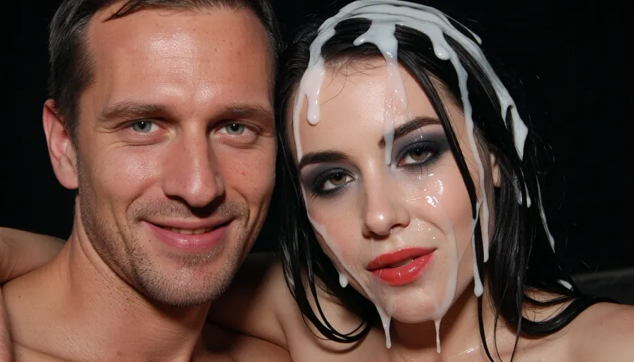 Frau, (rechts), und mann, (links), junges paar postet selfie nach sex im swinger club, bild zeigt beide Gesichter, beide sind verschwitzt, die Haare sind feucht und zerzaust, schwarzer hintergrund.

Der Mann links hat braune Haare und einen leichten Bartansatz, er lächelt zufrieden in die Kamera, Sein Gesicht ist verschwitzt, Er legt einen Arm um die Frau und drückt sie an sich.

Die Frau hat schwarze nasse Haare, die Haare sind so nass, dass sie zum Teil in ihrem Gesicht und auf ihrer Brust kleben, die Haare der Frau sind bedeckt mit einzelnen Strähnen voll mit mit dickflüssigem durchsichtigen weißen Schleim. Das Gesicht der Frau ist nass und ölig glänzend, wasser läuft ihr das Gesicht herunter, das gesicht ist komplett nass und schleimig, durchsichtiger Schleim ist überall auf dem Gesicht der Frau, die Augen der Frau sind schwarz geschminkt und der schwarze Mascara ist leicht verlaufen, unterhalb der Augen ist etwas verlaufene dunkelgraue Farbe mit einzelnen schwarzen Klumpen, graue unregelmäßige Farbe unterhalb ihrer Augen, Der rote Lippenstift ist leicht verschmiert, die Lippen sind mit einer unregelmäßigen hellroten Farbe umrandet, Das GEsicht der Frau ist bedeckt mit ultra-realistischem dickflüssigen Sperma, Das Sperma ist auf ihrer Stirn und läuft links und rechts ihrer Nase runter, auch um den Mund ist sehr viel dicksfüssiges sperma, Das GEsicht der Frau ist pitschnass und voller Sperma, sie sieht fertig aber sehr glücklich aus, ihre runden perfekt geformten Brüste sind auch bedeckt mit ultra-realistischem Sperma.

das bild soll ultra-realistisch sein, aber dennoch wie ein amateurbild aussehen