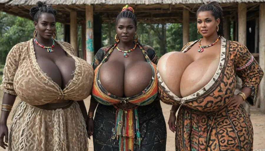 (an African tribe only of absolutely black skinned female tribal women:1.95), (very overflowing gigantic massive very saggy breasts cleavage:1.95), Tribal village square, African tribal updo hairstyle, rich decorated African traditional tribal jewelry, (colorful African traditional tribal fur clothes:1.55), (very gigantic massive overflowing colorful low cut cleavage:1.05), presenting bust, wide hips, small waist, very hairy pussy, (fully clothed, no nudity:2), loincloth, colorful kanga, colorful gomesi, colorful kitenge, colorful sarong, proud, arrogant, slutty, sloppy