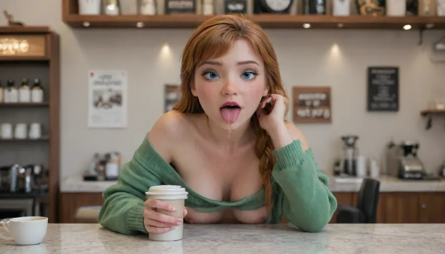 ultra realistic 8k cg, picture-perfect face, (Anna from frozen:1.6), masterpiece, cinematic lighting, 25 years old, underboob, crop top, off shoulder, freckles, shoulder freckles, (green sweater exposed breasts), medium tits, no pants, no panties, thigh high stockings, in coffee shop, bent over coffee counter, orange hair, messy long hair, facing camera coffee, shop, fluxenh4nce, FLUX.1, cinematic, style, ImgFixerPre0.8, anna, tongue, out, ahegao, drool, <lora:JJsCoffee_Shop_XL:.8>, <lora:FLUXEnh4nce:.8>, <lora:FLUX.1 cinematic style v2:.8>, <lora:Anna:1.1>, <lora:ahegao_sdxl_v4:1.7>