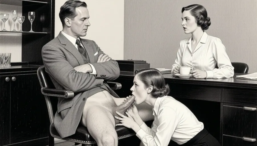 This is a detailed monochromatic pencil drawing in a classical illustrative style depicts a scene set in an office in the 1920s. A professional office setting with three individuals in an intimate interaction. A man in a grey suit and tie sits in a vintage office chair, with arms crossed, looking at a woman in a white blouse and black skirt, who holds a coffee cup. The woman looks at the man. The man is naked from the waist down, his legs are spread. The man has a straight errection. The young female intern kneels between the man’s legs, her hands on his testicles, the tip of the penis in her mouth. The women wear typical 1920s clothes and hairdo. The scene is brightly lit with even lighting. The background includes a black shelving unit with glassware and a neutral-colored wall. The composition is centered, with a medium shot capturing the upper bodies and interactions. The overall style is a black and white pencil drawing, capturing a candid moment. The scene has a formal, organized atmosphere. The overall mood is intense, rendered in fine, expressive line work and subtle shading, evoking the style of 1920s satirical or moralistic illustrations.