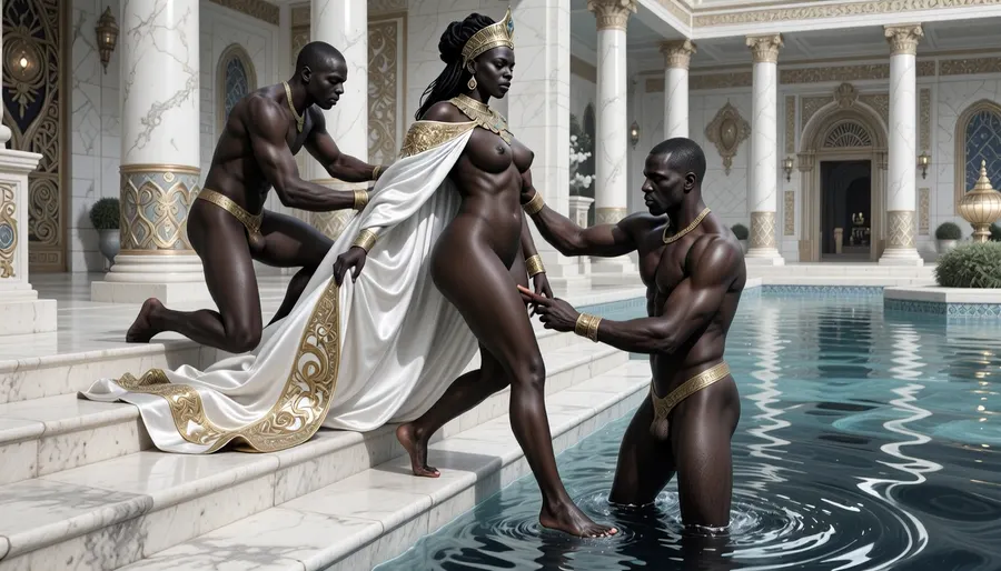 In the mysterious depths of the ocean, Create a highly detailed, ultra-realistic portrait of the Queen of Sheba in her grand palace. She is depicted as a regal Black African queen, exuding elegance and authority. As she gracefully steps down the stairs into the water, her foot already touching the surface, one of her attendants is in the process of removing her final garment—a silk cloak embroidered with gold, surrounded by, a, (masculine African slave:1.5), (African slave’s hands gently grasping the cloak at her shoulders:1.5), (pulling it away to reveal her nakedness underneath:1.6), perfect hands, perfect nipples, perfect feet, The background is a luxurious colonnade with a grand pool, and the atmosphere is majestic and opulent, with shimmering water and a regal ambiance, (maximum detail), (super realistic photo:1.4), firm buttocks, ultra-sharp details, realistic skin texture, refined contrast, 8k detail, authentic facial expression, clean composition, (maximum photo quality:1.4), (maximum resolution:1.5), Black, and, white, art, pencil, shading, charcoal, drawing, toned, paper, brutal, b/w, color, scheme, highly detailed various background, DonMSp3ctr4lXL, longnips