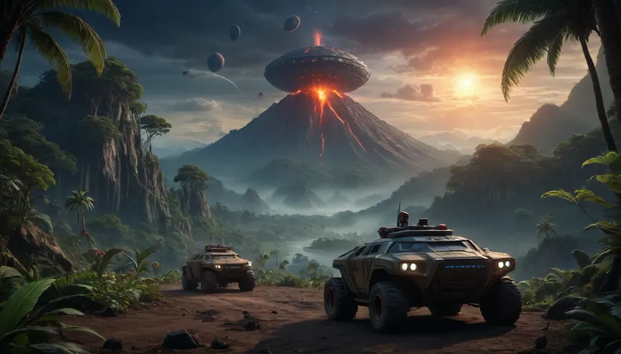 fullcolor image, 8K quality, night, alien planet, fantastic jungles, a inactiv volcano background, alien strange landscape, alien ocean, many fantastic animals, some planets satelite visible in sky, small space cruiser hovering low over the landscape, an armored all-terrain vehicle drives through the jungle towards the volcano