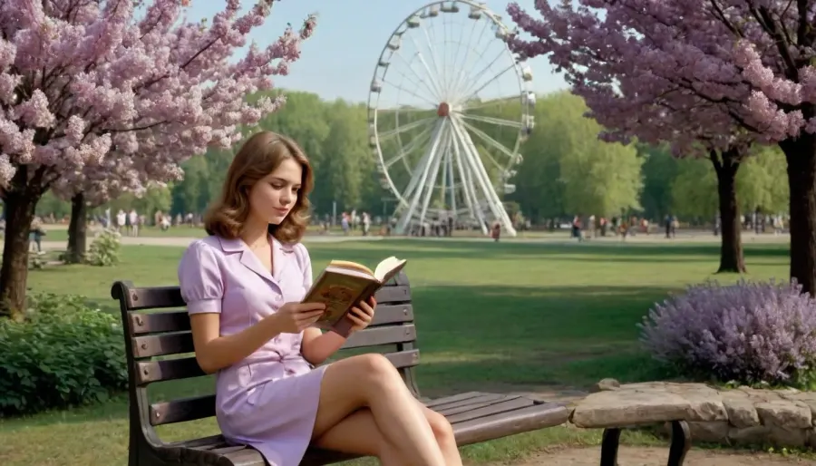 (1970s in the USSR), beautiful soviet student reads a book while sitting on vintage park bench in old soviet style under a blooming lilac bush in an ancient park, ferris wheel on the horizon, amusement park setting and entourage as background., (USSR epoch, soviet poster art style, Soviet advertising art style, 1970s analog photo for soviet magazine, 1970s atmosphere)