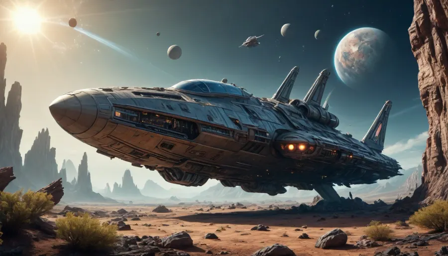 crashed spaceship, alien planet with alien vegetation, sci-fi, Hyperion, battlecruiser, schyperionbc, <lora:Hyperion_Battlecruiser_SDXL_Starcraft:2>