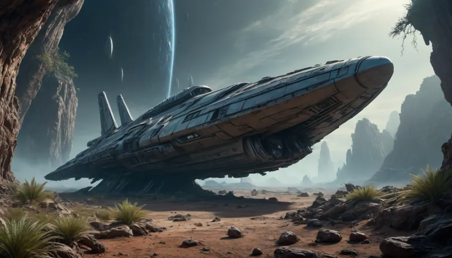 crashed spaceship, alien planet with alien vegetation, sci-fi, Hyperion, battlecruiser, schyperionbc, <lora:Hyperion_Battlecruiser_SDXL_Starcraft:2>