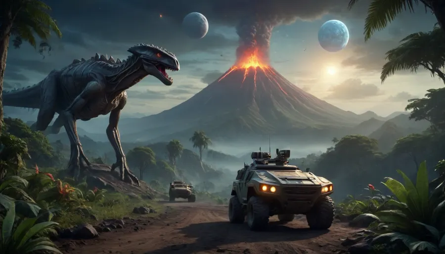 fullcolor image, 8K quality, night, alien planet, fantastic jungles, a volcano background, alien strange landscape, many fantastic animals, some planets satelite visible in sky, space cruiser hovering high over the landscape, an armored all-terrain vehicle drives through the jungle towards the volcano
