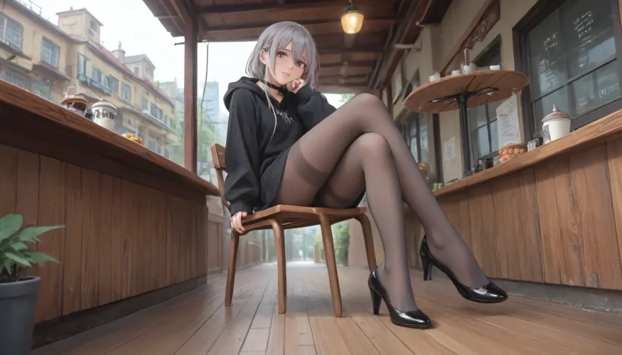 masterpiece, best quality, ultra-detailed, 8k, raw photo, score_9, score_8_up, score_7_up, 1girl, beautiful anime girl, long straight silver hair, hair between eyes, purple eyes, delicate face, sharp eyeliner, subtle blush, wearing black oversized hoodie, black choker, black sheer glossy pantyhose, shiny purple high heels, sitting on chair at outdoor cafe, legs crossed elegantly, one leg slightly extended forward, hand resting on chin, thoughtful expression, slight head tilt, cafe patio, wooden deck, round metal table with coffee cup, modern cafe building with large windows in background, "KAEDE CAFE" sign, sunny day, soft natural lighting, sunlight on legs, depth of field, cinematic composition, from slightly low angle, beautiful detailed legs and feet focus, glossy pantyhose texture, reflective purple heels, <lora:outline_xl_kohaku_delta_spv5x:1.3>, <lora:NEOTOKIOXL_0.2_RC:.7>, <lora:Ppolar-P3v1-NbVp10:.7>, <lora:cartoon_stickers_xl_v1:.5>