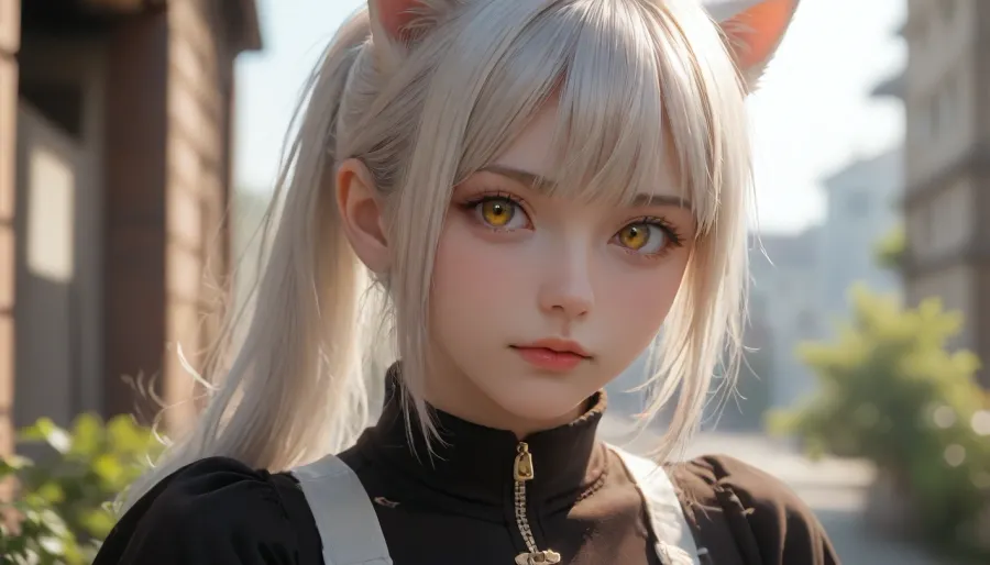 Portrait, closeup Shot, 1girl, cat ears, amber eyes, medium breast, white hair, ponytail, bangs