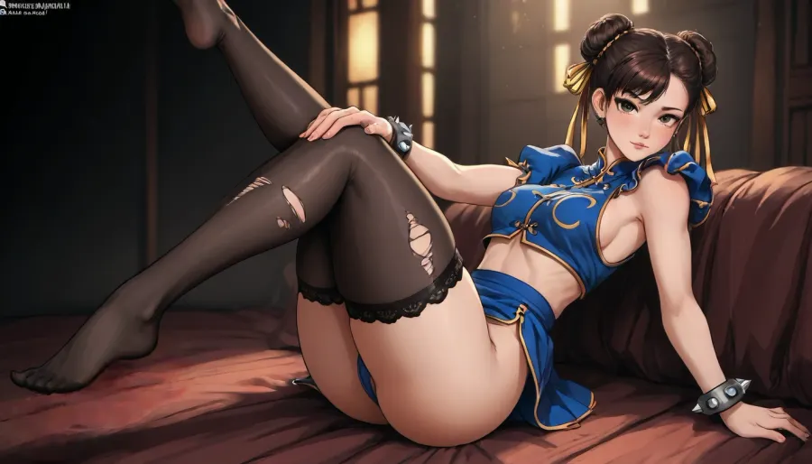 (Markgavatino meets Neocoill style), Cutesexyrobutts style, Cel-shaded, inked lineart, limited color palette, masterpiece, chun li, ((stockings fetish:1.5), torn stockings, long legs, leg focus), dynamic pose, dynamic lighting, <lora:mk_Bp Anime_xl:1.2>, <lora:lineartSDXL:2>, <lora:EnvyBeautyXL01:2>
