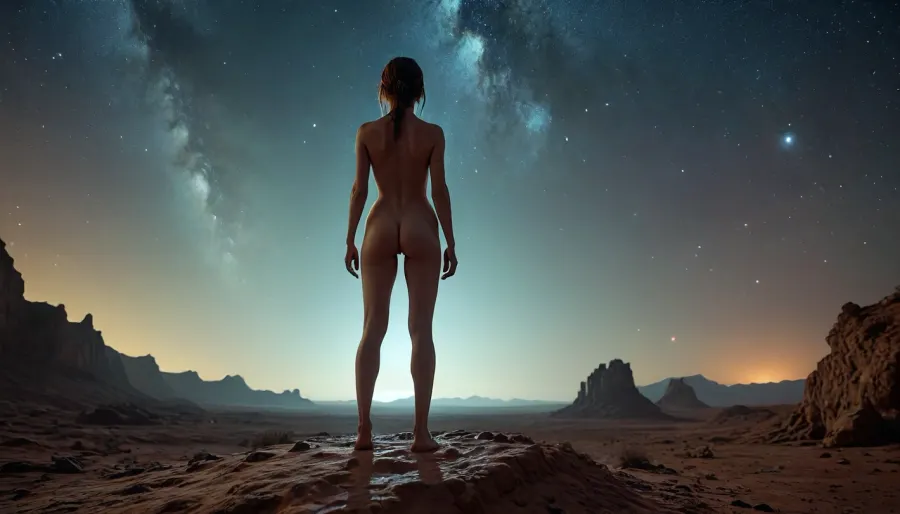 fullcolor image, 8K quality, at an alien planet, in a flat dessert, by night, starry sky, some satelites visible in sky, 1 woman is standing on top of a small hill, front view, completely nude, <lora:MJ52:.8>, <lora:EnvyCyborgXL01:1.5>, <lora:PerfectEyesXL:.8>