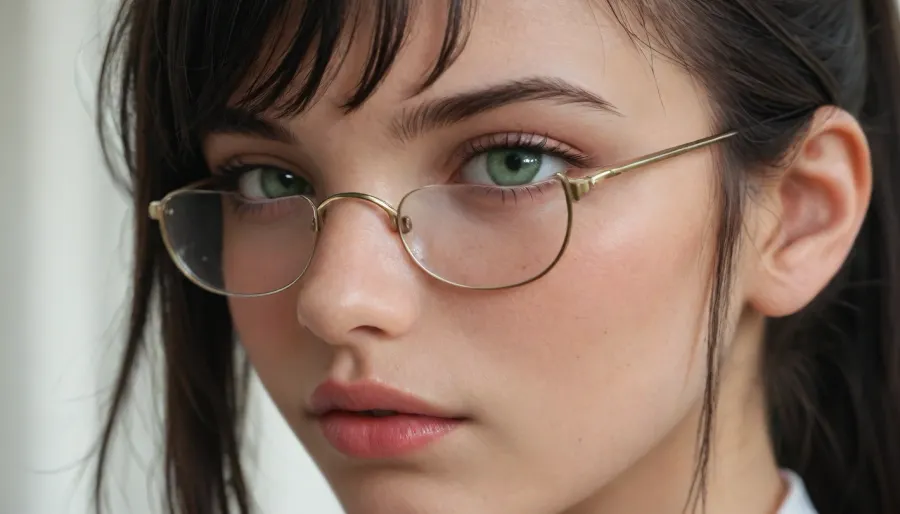 portrait, big green eyes, long black hair, ponytail, bangs, eye shadow, glasses, close up shot, 8k ultra details