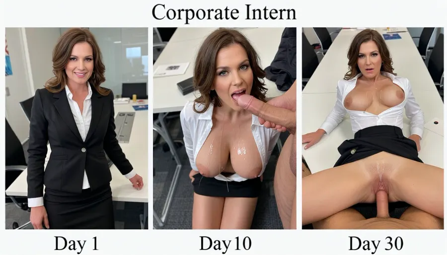 a 45 year old woman, athletic, milf, beautiful, wavy brown hair, (Three-panel split image, clean vertical divides:1.5), corporate office conference room with a table, caption at top of picture "Corporate Intern". Left panel, Business outfit with black jacket black skirt and white shirt, smiling, eager expression, standing in front of table, caption below picture, "Day 1".
Middle panel, Business skirt, pov from the male standing in front of her, on her knees on the floor, white blouse open and unbuttoned, big breasts, cum on face and breasts, cock in her mouth "Day 10".
Right panel, laying on the table, pov from the male, Business skirt pulled up above her waist, shirt unbuttoned, breasts fully exposed, looking at the camera, panic expression, view of pussy, man is naked, erect cock in her ass, anal, cum on her pussy, cum dripping out of her pussy, cum on her skirt, cum on her tits "Day 30".