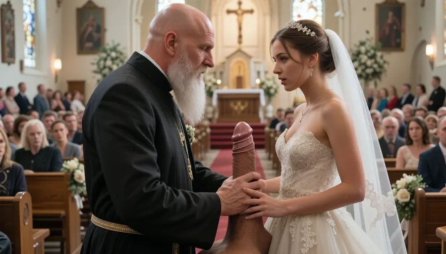 Full body, masterpiece, best quality, RAW image, full face, heterosexual sex, doggy style, church wedding background, a young bride, a very old priest, the bride and priest have anal sex during the wedding, in front of the groom, the priest is bald with a long white beard, large erect penis, the priest sodomizes the bride, the bride standing, the priest stands behind the bride, the priest holds the bride by the waist and pulls her onto his large erect penis, in the church altar, church decorated for the wedding, full church, focus on the congregation seated in the church pews, attentive audience, focus on the crowd, [[masterpiece, 8k, RAW photo, portrait, best quality, ultra high resolution, photorealistic, cinematic lighting, depth of field, flare effect]], crowd, of, people, stunning visuals, concept art, trending on artstation, octane render, unreal engine 5, hyperrealistic, path tracing, complementary colours, natural lighting