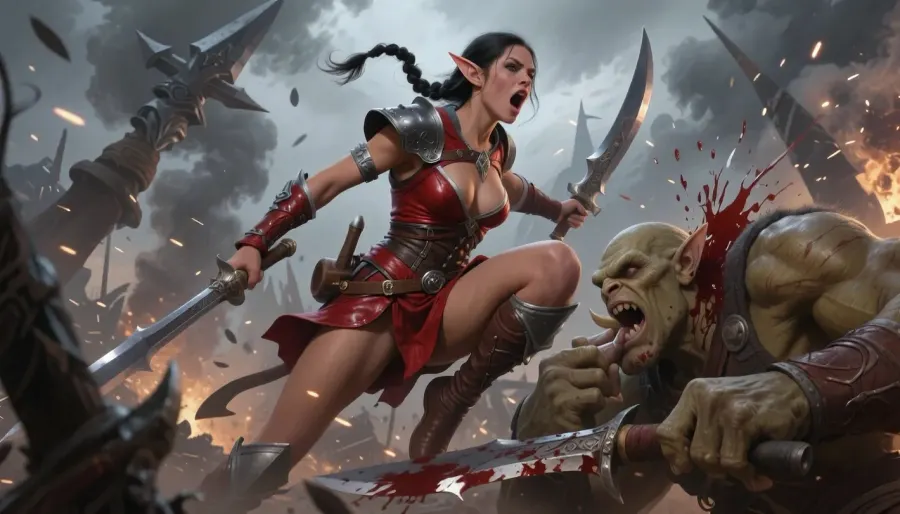 Oil painting style, Greg Rutkowski inspired, ethereal, cinematic lighting, hyper-realistic, 8k resolution, intricate detail, high fantasy, "Lord of the Rings" aesthetic. A cinematic wide shot of a beautiful elvish princess in ranger armor fighting her way through giant orcs with halberds while she is wielding two mithril scimitars, amid a battlefield with smoke and magical sparks, epic scale.

a beautiful young elf princess, SamDoesArt2, passionate, yelling a war cry, petite, (dark haired skinny female elf:1.3), very beautiful face, dark tan skin, french braid, very small breasts, stiff nipples, red leather ranger armor, red leather bodice, elf ears, jumping high through the air, she behads an orc. She stabs an ogre through the skull. She slices another orc's arm off. Blood sprays everywhere, low POV looking up
