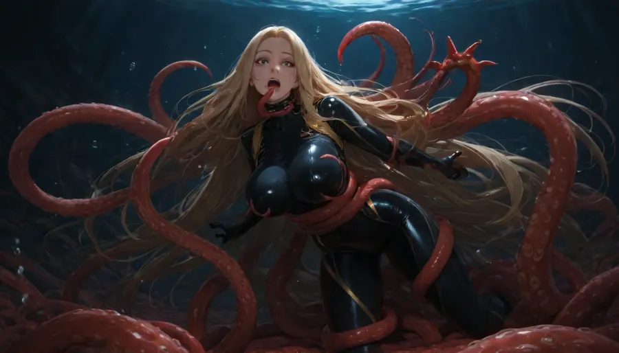 underwater, sexy female diver in black diving suit, very long blond hair, red octopus tentacles grabbing the woman and squeezing her breasts, beautiful face, beautiful black eyes, realistic light and shadow, shocked look, air bubbles come out of her mouth, very high quality, ultra wide shot