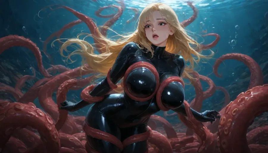 underwater, sexy female diver in shiny black latex diving suit, long blond hair, (red octopus tentacles grabbing the woman and squeezing her breasts), beautiful face, big beautiful black eyes, full pink lips, realistic light and shadow, shocked look, many air bubbles around her, very high quality, ultra wide shot, beautiful