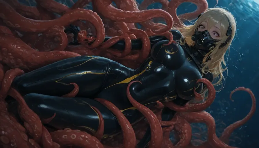 underwater, sexy female diver in black diving suit, long blond hair, red octopus tentacles grabbing the woman and penetrating her holes, beautiful face, beautiful eyes, realistic light and shadow, shocked look, air bubbles everywhere, very high quality, ultra wide shot