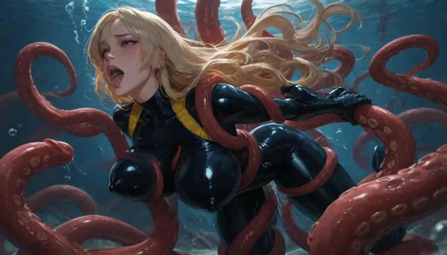 underwater, sexy female diver in shiny black latex diving suit, long blond hair, (red octopus tentacles grabbing the woman and squeezing her breasts), beautiful face, big beautiful black eyes, full pink lips, ahegao, orgasm face, realistic light and shadow, many air bubbles around her, very high quality, ultra wide shot, beautiful, low light