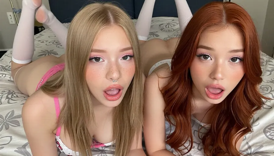 two girls, 18+, girl, petite, young body, young face, long straight blonde hair, pink makeup, glossy pink lips, (pierce face studs), (freckles on face), (Hello Kitty, bra and thong lingerie), Onlyfans, (cute), asian, korean, 18yo, long red hair, wavy hair, small body, slim, narrow waist, small chested, (pale skin), (naughty face), thick eyeliner, (sexy), white stockings, laying on stomach, ass up, sexy posing, bedroom, above view, two girls in frame