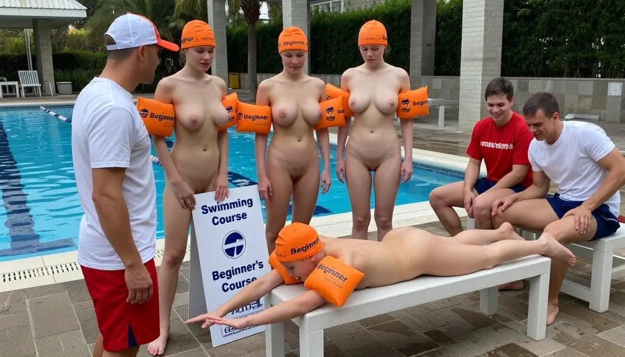 (full body view), outdoor swimming lessons, Three naked embrassed women wearing orange swim caps with the inscription "Beginner" and water wings are standing at the edge of the pool, blushing., (An older lifeguard in red swim shorts, white T-shirt and baseballcap stands in front of the women.), The women are looking at the lifeguard attentively, (On the ground stands a sign labeled "Swimming Course, Beginner's Course".), (Two men in swim shorts and t-shitrs are sitting on a bench and giggling.), (in the front, one woman wearing orange swim caps with the inscription "Beginner" and water wings, is lying on her stomach on a short bench and practicing swimming movements, spread arms and legs, performs circular movements with the arms)