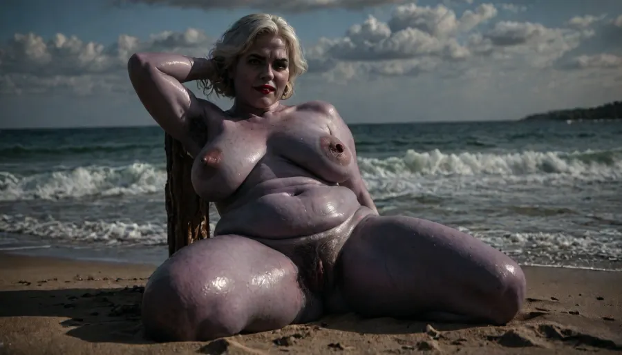 Ursula form disney little mermaid, purple skin, blue skin, cool purple complexion, wet pussy, red lips, highly detailed skin, oiled body, wet body, obese, on beach, ugly milf, (angry face), short hair, white hair, saggy tits, breasts sagging to sides, big nipples, (veiny tits), body hair, (hairy belly), happy trail, hairy pussy, hairy armpits, aroused, very hairy, <lora:LCMTurboMix_Euler_A_fix:.8>, <lora:dark:1.1>