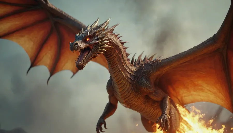 dragon de vermeil volant crachant du feu, close-up, hyperdétaillé
