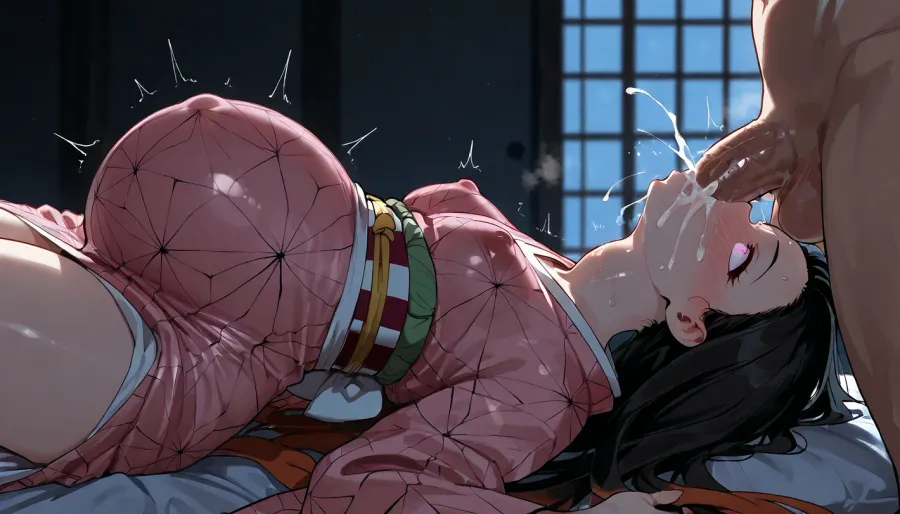 Nezuko Kamado, (Demon Slayer), laying upsidedown on bed giving deepthroat blowjob. hyper dick halfway in mouth, throat bulge, deepthroat blowjob, arching back, inflated pregnant belly, side view, cum gushing out of mouth, covered in cum, crossed eyes, surprised face, glowing pink eyes, pink Kimono, blushing, struggling, gabbing her head, petite boobs, perky nipples, covered nipples, moody lighting, dark bedroom, masterpiece.
