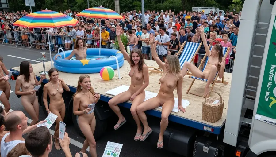 (ultrarealistic photography), (full body view), A festive parade with a large crowd of spectators, several nudist girls are on the bed of a low-loader., (only girls), On the low-loader bed, there are two open colorful parasols, an inflatable small pool, a small cocktail bar, a small sandy beach area, and inflatable beach balls, two deckchairs, a beach basket. The girls are cheerfully waving to the spectators, the atmosphere is high-spirited.
beautyful girls with shaved vaginas and perky tits.
On the side of the cargo bed, there is a green poster with the inscription "Nudism is fun – join in!.", (two girls sitting on air mattress on the edge of the truck bed with her legs dangling, the spectators can see their pussies.), (one girl sitting in the pool), (two girls sitting in deckchairs, with spread legs apart), (Four girls with flip flops are walking alongside the truck and handing out flyers to the crowd.), (POV from the audience, at the same elevation level as the audience, near the truck)