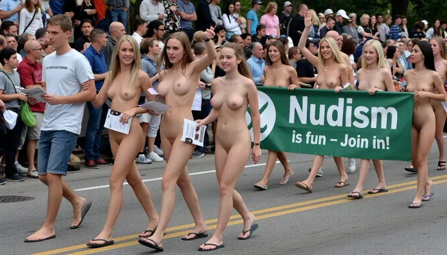 (ultrarealistic photography), (full body view), A festive parade with a large crowd of spectators., (Four girls with flip flops are walking in front of a nudist group and handing out flyers to the crowd.), (girls go to the audience, hand flyers to a young men in the audience), (Two girls behind the flyer girls, are carrying a green banner with the inscription "Nudism is fun – Join in!"), (a walking group of nudist girls, wearing only flip flops, behind the banner), (only girls), The girls are cheerfully waving to the spectators, the atmosphere is high-spirited.
beautyful girls with shaved vaginas and perky tits.