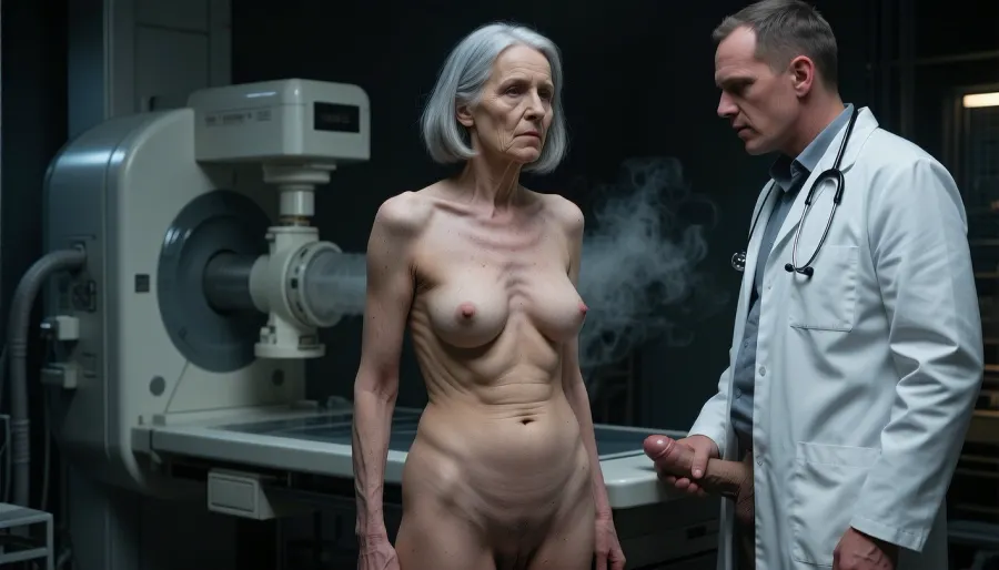 (A full-body view, with 4 m of, (A mature old woman, 70 years. Change the face in every new picture. She has the skin of a 90-year-old woman. The old lady has gray hair cut in a bob, (small, long, sagging. A woman is naked in front of a breast X-ray machine., (Small long saggy tits:1.8), An old, wrinkled body with sagging skin, sagging breasts, a small soft belly, and an old, shaved pussy., (One of the old woman's breasts is compressed in the X-ray. Next to her stands a doctor in a white coat with a stethoscope. The doctor has his penis exposed and is masturbating while watching her undergo the X-ray. The atmosphere is very erotic, and the scene is well-lit. The scene is wrapped in mystery and tension, a film noir masterpiece full of darkness, distance, steam, and subtle intimacy. By Robert Hubert and Zdzisław Beksiński and Le Corbusier, (creative freedom 8/10), unbroken symmetry, award-winning photography, extremely detailed, 4k, trending on artstation, award-winning))))