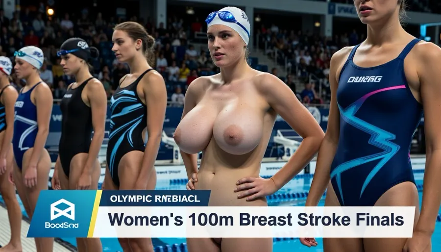 several women, swim meet, swim race starting line up, competitive olympic womens swimmers are lined up standing at their starting positions wearing their team swim suits, (one woman in the line up is fully nude wearing swim cap and swim goggles. cute nerdy college woman with enormous natural breasts, freckles, freckles on breasts, determined expression, hands on hips), (beautiful face with natural makeup, perfect soft skin texture), olympic swim event, (wide shot:1.5), (full body), (audience in background), (Broadcast overlay, Graphic on bottom that says "Women's 100m Breast Stroke Finals")