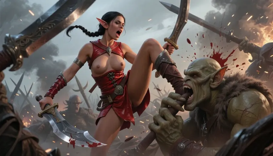 Oil painting style, Greg Rutkowski inspired, ethereal, cinematic lighting, hyper-realistic, 8k resolution, intricate detail, high fantasy, "Lord of the Rings" aesthetic. A cinematic wide shot of a beautiful elvish princess in ranger armor fighting her way through giant orcs with halberds while she is wielding two mithril scimitars, amid a battlefield with smoke and magical sparks, epic scale.

a beautiful young elf princess, SamDoesArt2, passionate, yelling a war cry, petite, (dark haired skinny female elf:1.3), very beautiful face, dark tan skin, french braid, very small breasts, stiff nipples, red leather ranger armor, red leather bodice, elf ears, jumping high through the air, she kicks an orc in the skull. She stabs an ogre through the skull. She slices another orc's arm off. Blood sprays everywhere, low POV looking up