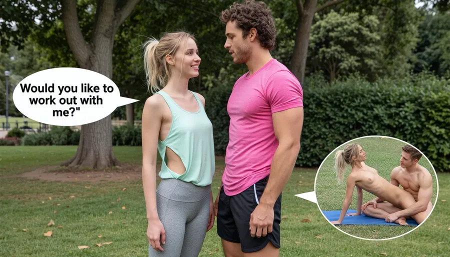 (ultrarealistic photography), (full body view), A man and a woman are standing facing each other in the park., (The fit, slender woman wears her blonde hair in a messy ponytail, she is wearing light grey leggings and a light green oversized tank top with deep side cutouts, with a sweet smile, (Speech bubble, "Would you like to work out with me")), (The athletic man is wearing black athletic shorts and a pink muscle shirt, he has a three-day beard and curly brown hair., (Thought bubble, picture of, (The fit, slender woman with her blonde hair in a messy ponytail in front and himself, naked, during yoga together)))