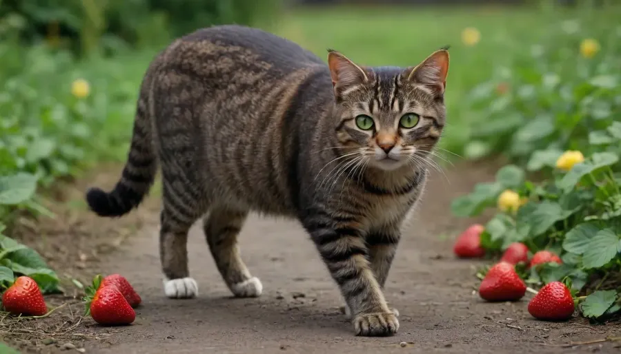 A cute cat walking upright. Cat is smiling, walking on two feet.A very cute tabby female cat, european shorthair, (very dark brown-grey short fur, green yellow eyes), in a garde full of big strawberries.. ktt, petro-strwberr, made, from, strawberry, <lora:Kitty LoRA - Trigger with KTT Artstyle:1.4>, <lora:1.2C_V2_E14_Strawberry_Fun_XL:1.1>, <lora:MadeFromStrawberryXL:1.7>