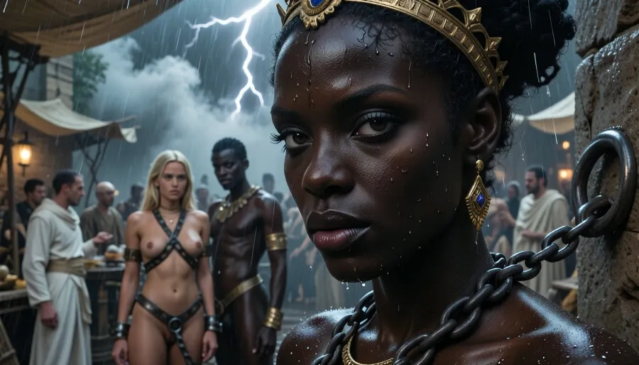 Extreme close-up portrait of a majestic African queen's face, 28 years old, African facial physiognomy, a violent storm, rain pouring down, mist drifting behind her, faint lightning illuminating her face from above and behind. The camera is slightly below her eye level, so she looks down at the viewer with a cold, condescending stare, arrogant, superior, and almost cruel, Hyper-realistic oiled skin, ultra-dark obsidian black, wet sheen, visible pores, fine natural texture, Her facial features are regal and sharp, high sculpted cheekbones, strong elegant jawline, full lips pressed together with faint disdain, eyebrows slightly lowered and arched in calculated superiority. Her eyes are piercing with deep dark irises, razor-sharp iris detail, tiny lightning catchlights reflecting in them. Expression communicates absolute authority, cold pride, and a chilling co, photorealistic scene set in an ancient Roman slave market. In the center, a group of female slaves from various regions stands in iron shackles. Among them, there is a blonde Nordic woman, a Nubian woman, and a Black African woman, each depicted with authenticity and dignity. They are bound with heavy, iron chains around their wrists and ankles, and some are fixed to metal rings embedded in a stone wall. The marketplace is bustling with Roman citizens in elegant white togas, haggling and moving about. The scene is rich with historical detail, showing the diverse backgrounds of the slaves and the authenticity of their chains. Above, the golden sunlight filters through the smoke and dust rising from the market, creating a mystical and atmospheric effect. The focus is on a few of the women in sharp detail, while the background fades into a lively blur, capturing the vibrancy and complexity of the Roman slave market, cloudy, smoke, atmospheric, clouds, fog, jia, pillory, (maximum detail), (super realistic photo:1.4), (perfect pussy:1.4), wet body monsoon rain, and a chilling confidence that borders on menace. Only hints of her crown and jewelry are visible at the edges, wet gold and gemstones catching lightning, framing her face as a symbol of untouchable power. Cinematic storm lighting, cold blue highlights, high contrast, hyper photorealistic, 8K, extreme facial detail, shallow depth of field, intense gaze, dark jungle blur behind her.