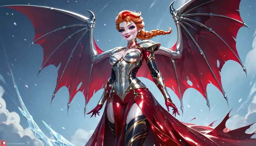 Anna of Arendelle from frozen red hair, elsa, white skin, anthro devil, naked, nude, gigantic Torn wings, fully clothed sheer black evening dress, rainbow stockings, oiled body, metallic body armor