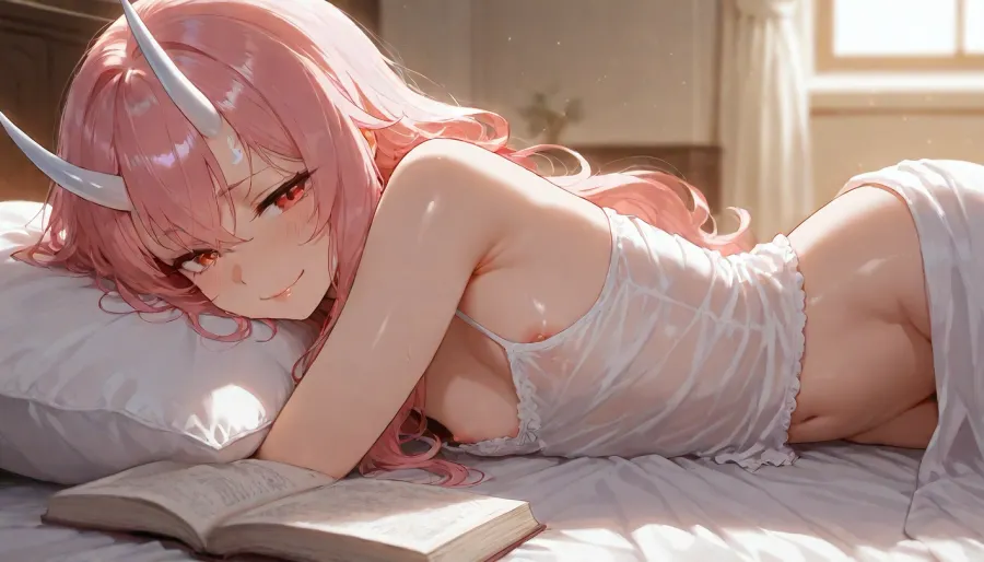 masterpiece, best quality, newest, amazing quality, very vibrant colors, 1girl, solo, shuna \, (tensei shitara slime datta ken\, flat chest, slender, petite build, light pink hair, single small smooth white horn on forehead, red eyes, lying in bed, white sheets, messy bed, reading a book, wearing thin white camisole, translucent clothing, look at viewer, seductive smirk, morning sunlight, cozy atmosphere, depth of field, upper body, nipple slip)