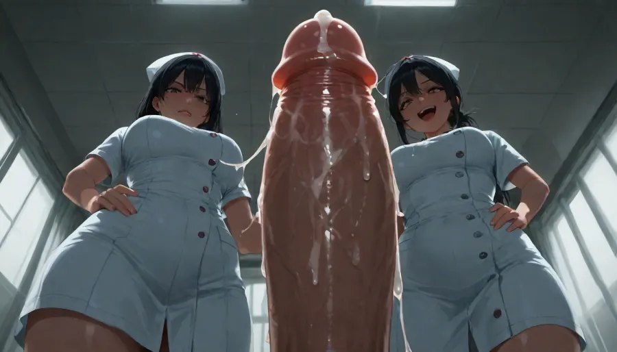 pov, first person view, from below, worm's-eye view, looking up, (erect penis:1.3), (cock foreground:1.2), glans, penis from below, post-ejaculation, (cum on penis:1.2), (dripping cum:1.2), cum string, cum on floor, cum puddle, cum on clothes, 3 nurses, nurse uniform, white nurse dress, nurse cap, medical scrubs, three women standing over, looking down at viewer, towering over, (mocking expression:1.3), ridiculing, laughing, (pointing at penis:1.2), one nurse pointing at cum on floor, one nurse hand covering mouth stifling laugh, one nurse hands on hips looking down with scorn, disgusted face, cum stain on nurse dress, surprised expression mixed with contempt, hospital lobby background, tiled floor, ceiling fluorescent lights, hospital corridor, fallen papers on floor, (flat colors:1.2), (thick black outlines:1.2), cel shading, solid color blocks, simple shading, no gradient, clean lineart, high saturation, bright colors, high contrast, 2d art, cartoon style, (game cg:1.1), plants vs zombies art style, western cartoon, bold comic style, simple background, minimal shading