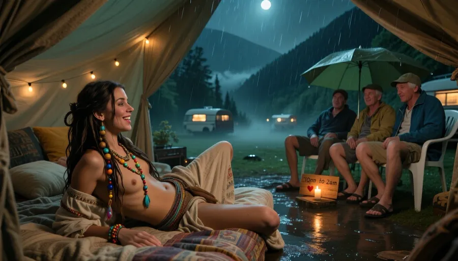 Ultra realistic cinematic editorial masterpiece, public mountain campground during a stormy moonless night, maximum darkness dominates the entire scene, intentionally underexposed by three photographic stops while preserving extraordinary shadow detail, deep emerald-green cinematic night grading, relentless monsoon rain, dense ground fog, drifting mist and rain-soaked reflective ground, scattered caravans with faint glowing windows remain distant atmospheric elements without illuminating the foreground, the camera is positioned inside a beautifully decorated open canvas tent looking outward through the entrance, creating exceptional foreground depth, a breathtakingly beautiful hippie woman, 25 years old, dominates the foreground on the left side while remaining harmoniously integrated into the entire scene, she lies comfortably on her thick mattress entirely inside the open canvas tent, fully sheltered beneath the tent roof, her upper body slightly raised as she supports herself naturally on one forearm, her body relaxed while her head is turned toward the waiting men outside, maintaining warm direct eye contact and a playful welcoming smile, the luxurious interior behind and around her reveals soft blankets, comfortable pillows, handcrafted textiles and delicate fairy lights glowing with warm amber light, she has long natural dreadlocks decorated with handcrafted wooden beads, colorful glass beads, tiny feathers and woven threads, beautifully embroidered linen and cotton bohemian clothing, expressive eyes, natural lips and extraordinary facial realism, four typical campers, all between 50 and 60 years old, slightly overweight with rounded physiques, sit together on inexpensive white plastic camping chairs on the right side of the composition, remaining noticeably farther away in the middle distance, wearing practical tourist clothing including casual T-shirts, knee-length shorts, sandals, mismatched rain jackets, worn camping hats and inexpensive outdoor accessories, appearing unmistakably like ordinary holiday campers, one man has just begun happily rising from his chair after being chosen, smiling directly back at the woman, the remaining three continue watching her with eager anticipation beneath a large umbrella, centered in the foreground between both groups, a small handwritten wooden sign illuminated by a single candle displays exactly **"10pm to 2am"** with a small clumsy hand-painted red heart beside the text, balanced realistic proportions, physically accurate low-light photography, medium-format realism, volumetric atmosphere, extraordinary HDR shadow retention, ultra-high microcontrast, hyperreal textures, impossible photorealistic detail, 8K.