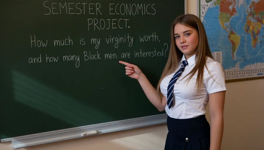 Side lighting. A 16-year-old Norwegian girl—slender, voluptuous, and full-figured, wearing a white blouse and a tie with a Catholic private school skirt—stands in front of a dark green chalkboard featuring a metal ledge for chalk and an eraser, a world map hangs on the wall next to the board. She is pointing at the text with her hand, written in chalk on the board are the words, "SEMESTER ECONOMICS PROJECT, How much is my virginity worth, and how many Black men are interested?"