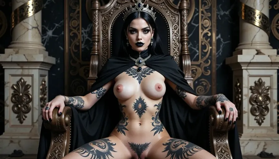 18 year old woman, beauty, majestic throne, black lips, black hair, busty, heavy make-up, pale body, piercing, heavy tattoo, diadem, black eyes, unholy necklace, sexy black cape, pretty earring, shave pussy, she knees