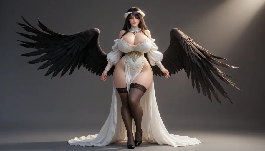 Albedo, (Overlord), Persian, white dress, 18+, round breasts, big butt, black hair, bangs, long hair, contour lighting, large black wings growing from waist, beautiful face, curvy, ruddy brunette, vulgar appearance, full lips, tight white lace dress with sleeves, lace black stockings with a floral print, standing, black long shoes, huge breasts, visible nipples, huge round butt, big hips, massive hips, gray background, visible beam of light, warm light, in a brightly lit space, backlit, round artificial breasts, thick hips, (Ideal Giant Breasts:1.3)