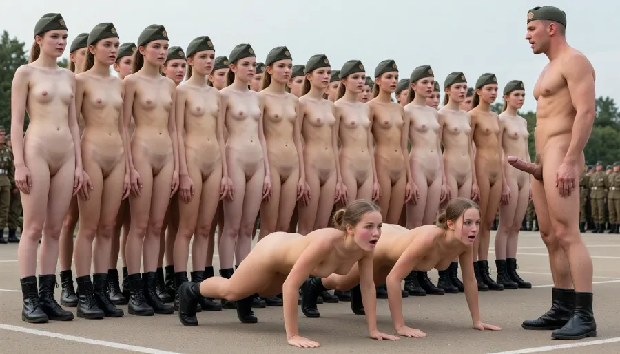 (ultrarealistic photography), (full body view), morning roll call on the parade ground. group of 20 year old german beautyful totally nude girls, (detailed faces), (all girls with smoothly shaved pussies), standing exactly in row, pantless, no underpants, (all women wearing army boots and cap), visible vagina, visible labia, obedience, faint smile, (In the foreground, two girls are doing push-ups, The girls have flushed cheeks from the exertion, next to them stands a naked Supreme Leader with an erect penis, looking to the girls on the ground, shouting at the girls in front of him.)
